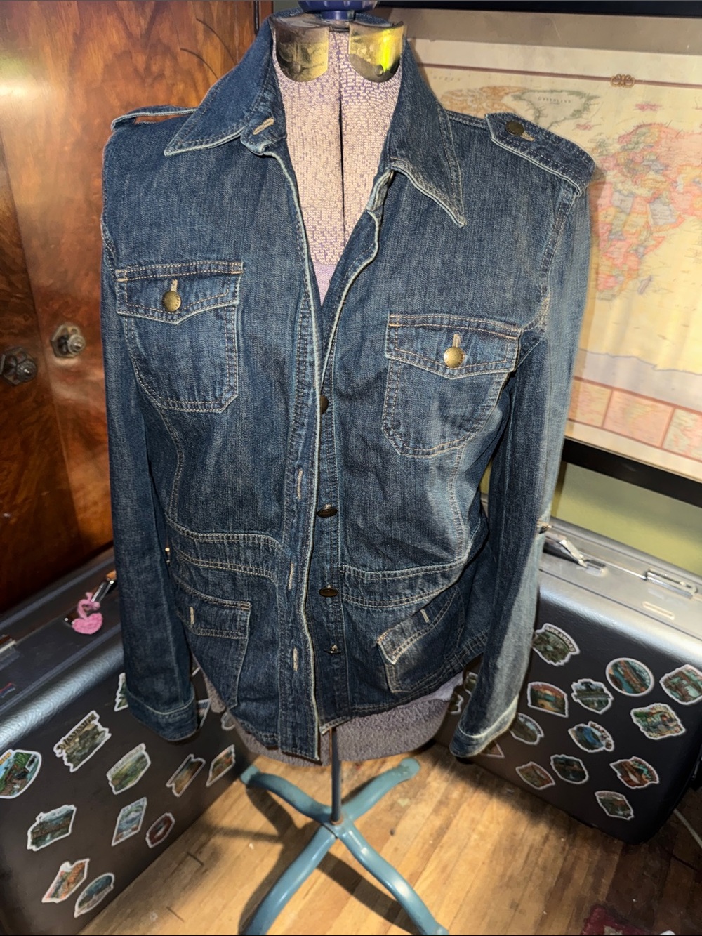Chaps Denim Vintage Utility Jean Jacket Button-Down Cargo Pocket Medium Wash Siz
